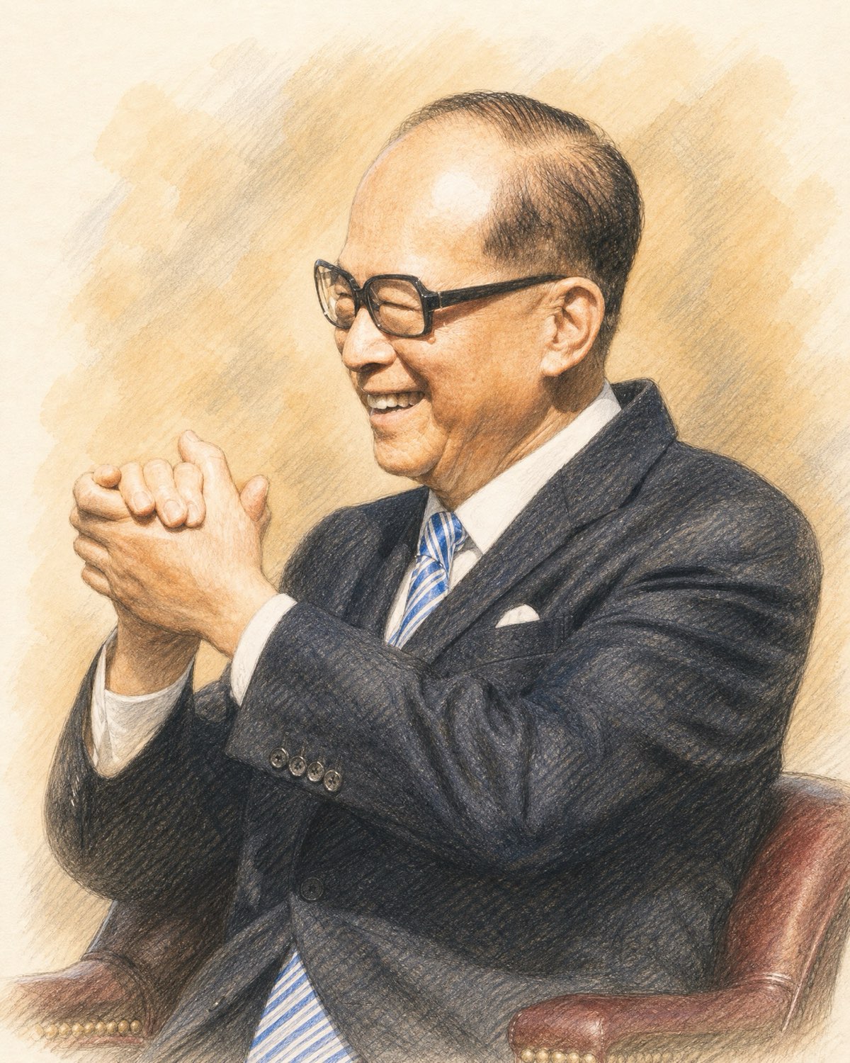 李嘉誠肖像（彩鉛插畫風）